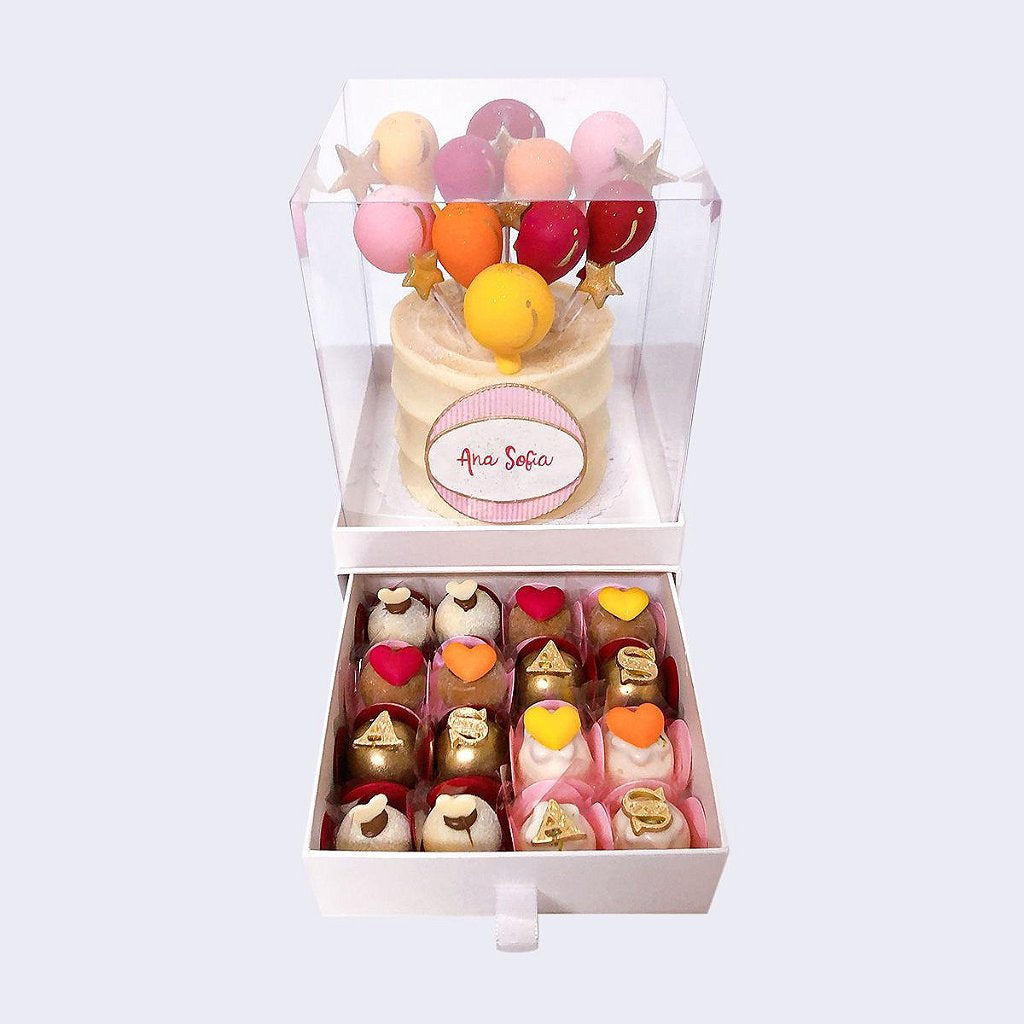 KIT Mini bolo Balões Rosa 10cm  + 16 doces